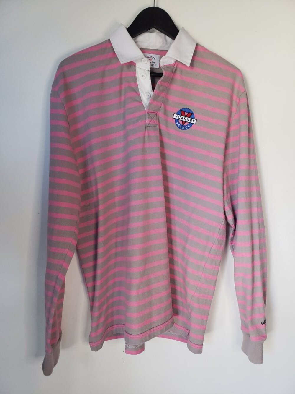 NOAH X Vuarnet France Logo Stripe Rugby Shirt Grey Pink